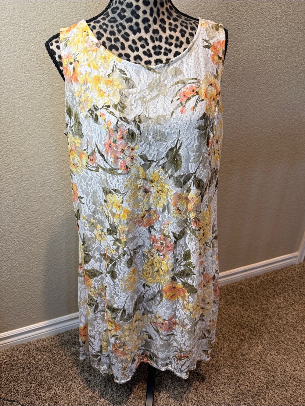 PerSeption Concept White Lace Midi Dress with Yellow & Pink Floral Print